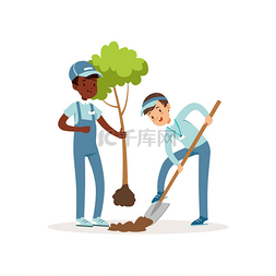 园艺图片_孩子们种树。穿着工作服和帽子的
