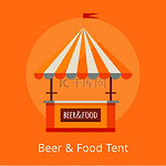 橙色和白色的啤酒和美食节帐篷，销售饮料和小吃，以橙色背景和文字的矢量图为代表。