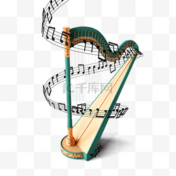 金色音乐符图片_3d抽象竖琴和音乐乐符