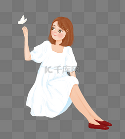 夏季穿白裙子的女孩蝴蝶