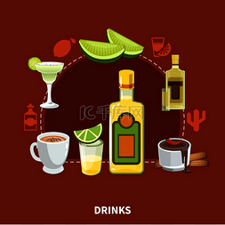 血浆饮料图片_栗色背景的墨西哥饮料成分，包括