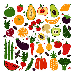 涂鸦平面水果和蔬菜。