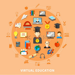 虚拟学校图片_虚拟教育作文孤立图标集与大圆矢