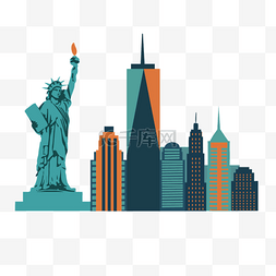 繁华纽约图片_绿色和橙色写实纽约城市剪影