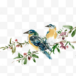 树枝彩色水墨画图片_蓝色的小鸟水墨