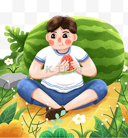 夏季小暑户外小男孩吃西瓜夏天