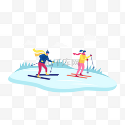 人剪影插画插画图片_雪地两个滑雪的人扁平风格插画