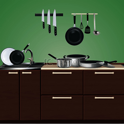 真的菜菜图片_厨房棕色家具与逼真的烹饪用具绿