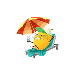 果汁卡通矢量图片_海滩躺椅上卡通欢快的热带甜瓜暑