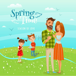 春天排版设计图片_家庭和季节春季插图幸福的一家人