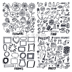 素描几何图案图片_食物框架鲜花派对一套可爱的草图