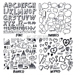 字体和气泡、商业和心形、灯泡的