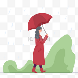 红色毛呢大衣图片_穿着红色大衣的女人雨中打伞插画