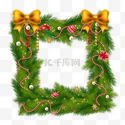 白色圣诞边框图片_圣诞节绿色松枝蝴蝶结装饰边框