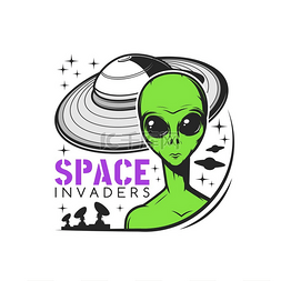 外太空元素图片_带有绿色外星生物和飞碟星际飞船