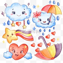 小动物彩虹图片_雨天雨滴云朵爱心卡通水彩画