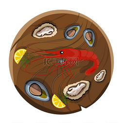 美食矢量图背景图片_木托盘上的大虾和新鲜生牡蛎，柠