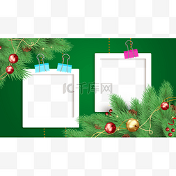 现代平铺图片_圣诞节绿叶松枝圣诞圆球相框