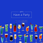 让我们有派对鸡尾酒海报，上面有不同的长饮，用雨伞和吸管装饰，在蓝色背景矢量插图促销横幅上被隔离。