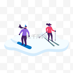 运动休闲服饰图片_雪地滑雪运动两个人扁平风格插画