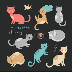 Set of vector cute cats on black  background