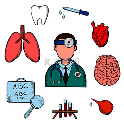 牙齿护理素材图片_医生的医疗图标被视力表、肺、牙