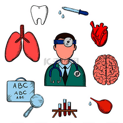 医生的医疗图标被视力表、肺、牙