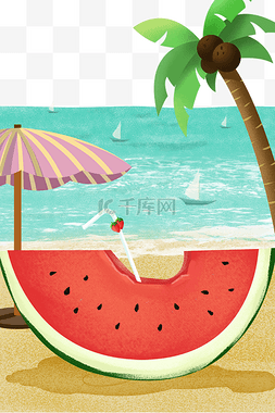 西瓜太阳伞图片_夏季夏日海水西瓜椰子树