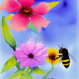 鲜花与蜜蜂水墨