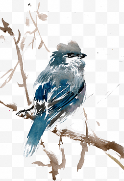 树枝彩色水墨画图片_枝头的蓝鸟