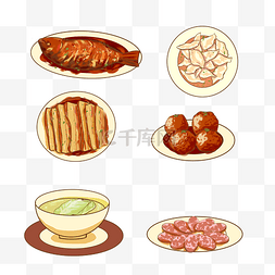 新年红烧鱼饺子豆腐图标贴纸春节