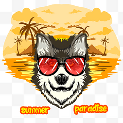 海岛插画图片_夏天与椰子树海岛的金黄狗