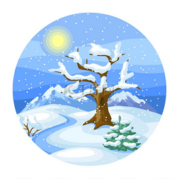 太阳冬天图片_与树、山和小山的冬天风景。