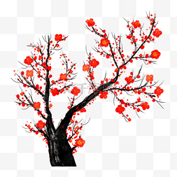 红色背景樱花图片_红梅树枝水墨风格