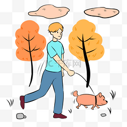 男人遛狗公园走路插画抽象