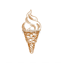 美味的冰淇淋手绘图片_华夫饼锥中的冰淇淋孤立的手绘草