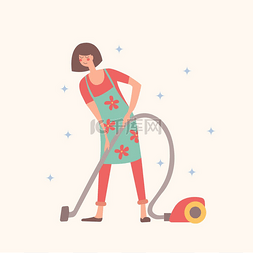 女孩吸尘器家务活打扫房子浅色背