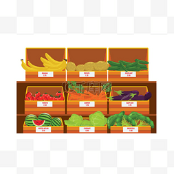 蔬菜手绘插图图片_货架上有新鲜的蔬菜品种。木制杂