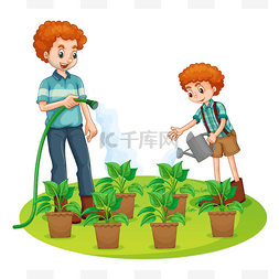 vegetables图片_父亲和儿子给植物浇水