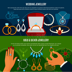 项链戒指耳环图片_婚礼珠宝横向横幅上有金色和银色