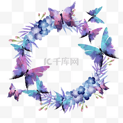 蓝紫花环图片_蓝紫色春季水彩晕染蝴蝶花环
