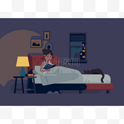 平面设计书图片_女人在睡觉前在床上看书，床边的