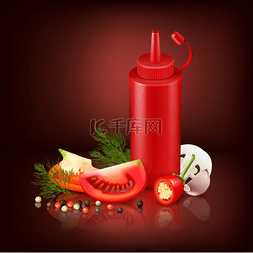 美食厨房背景图片_与红色塑料瓶和菜的现实背景。