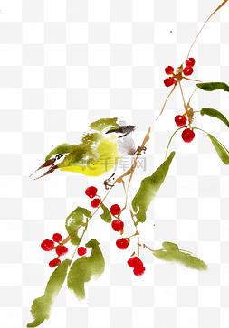 水墨画的飞鸟图片_樱桃树上的小鸟