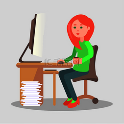 茶在桌子上图片_卡通女性角色坐在桌旁，电脑旁，