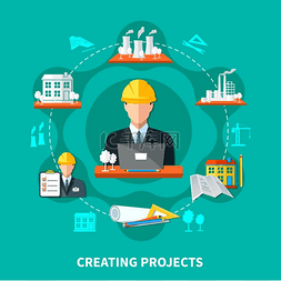 工程履约图片_项目创建圈组成平面工厂工业图标