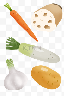 平铺蔬菜底纹图片_夸张平铺蔬菜胡萝卜藕白萝卜蒜土