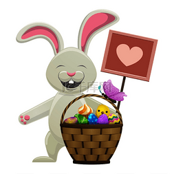 春春快乐图片_卡通可爱的复活节兔子站在木板上