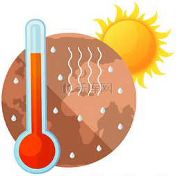 气候变暖温度计图片_太阳照在地球上并加热它。