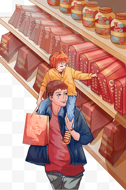 零食小孩图片_春节一家人一起在超市购买年货